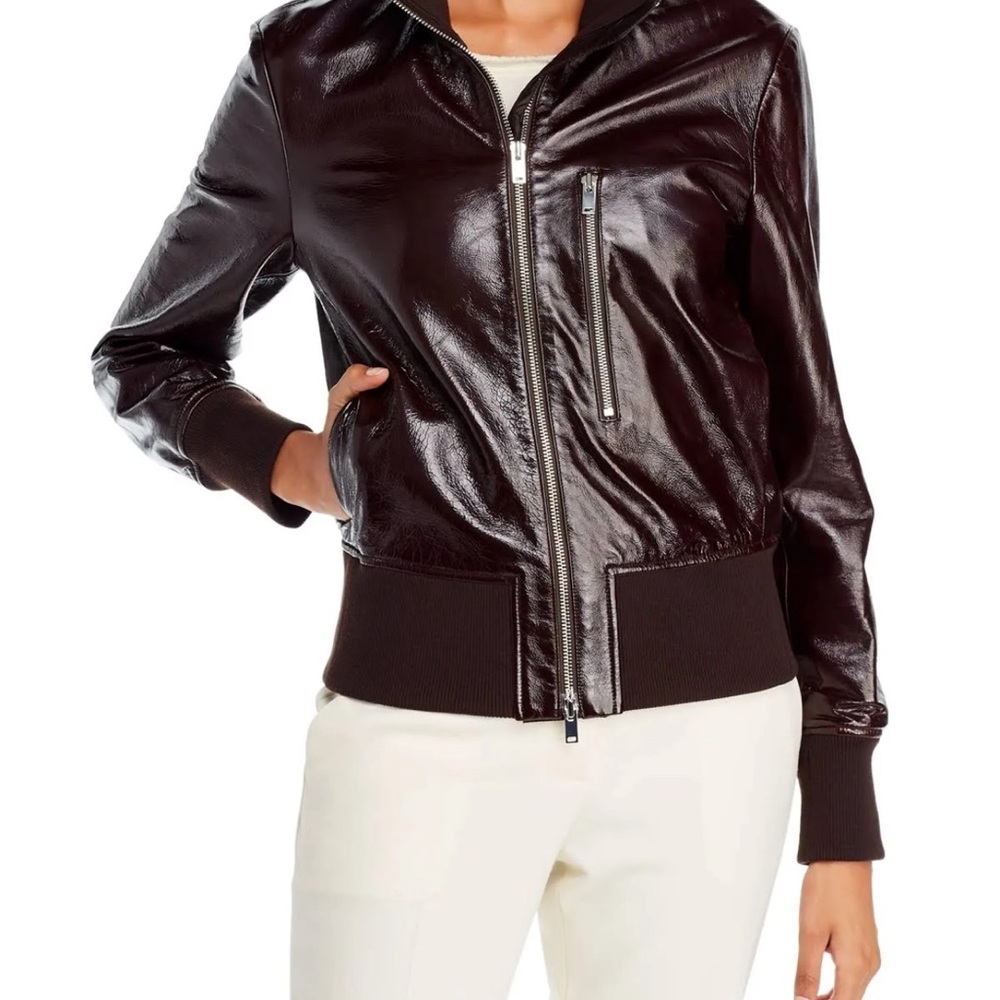 Theory Womens Patent Leather Aviator Bomber Jacket- Size M